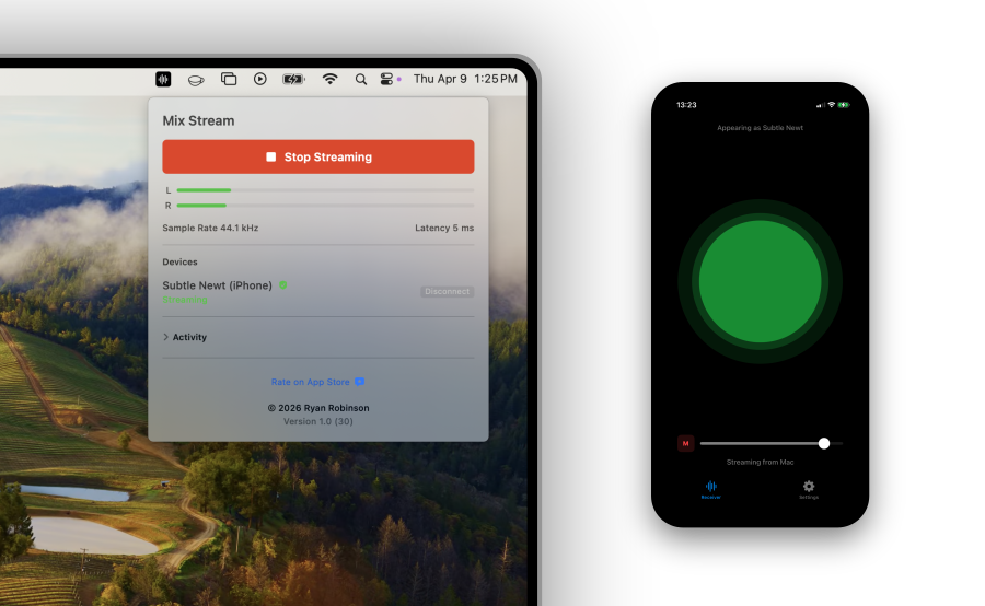 Mix Stream interface showing Mac and iPhone